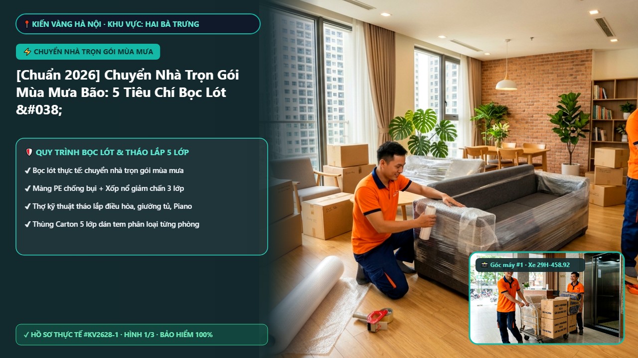 chuyển nhà trọn gói mùa mưa - [Chuẩn 2026] Chuyển Nhà Trọn Gói Mùa Mưa Bão: 5 Tiêu Chí Bọc Lót & Chống Thấm Tuyệt Đối | Kiến Vàng Hai Bà Trưng (Hình thực tế 1 - Mã #KV2628-1)